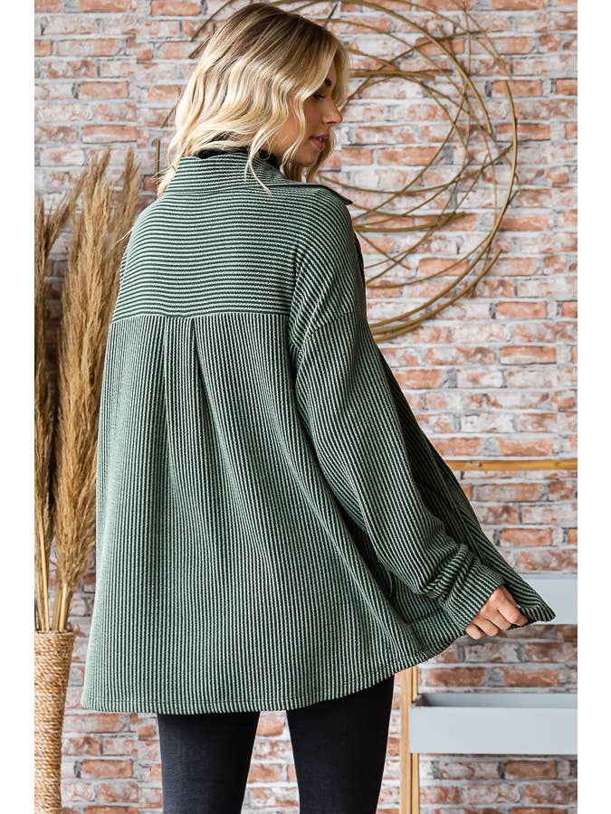 7th Ray - Wholesale Shirt Jacket/Shacket - Women's - Solid Rib Button Down Side Pockets Long Sleeve Shacket T5256