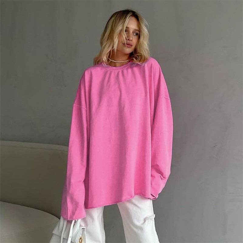 CANDY PINK Solid Color Loose Round Neck Long Sleeve Tshirt for wholesale on Faire0