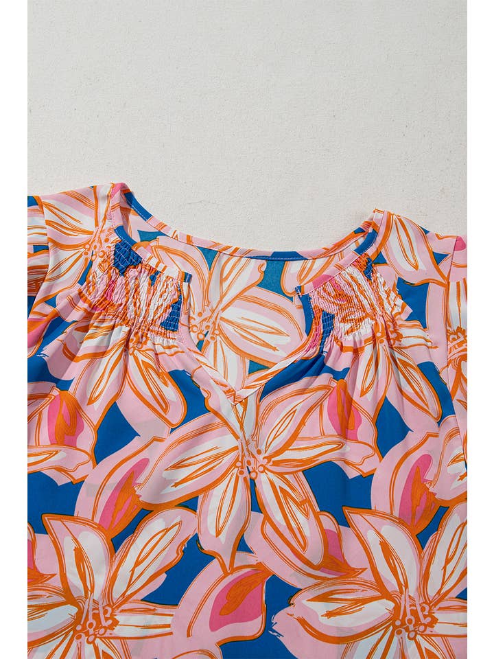 Orange Flower Print Notched Neck Ruffle Sleeve Blouse for wholesale on Faire