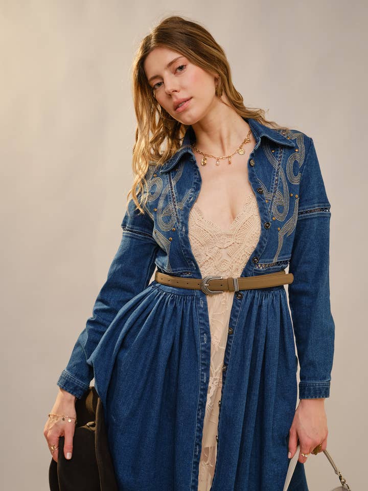 47025D - Western Stitch Rynket Knap Denimkjole for engroshandel hos Blue B