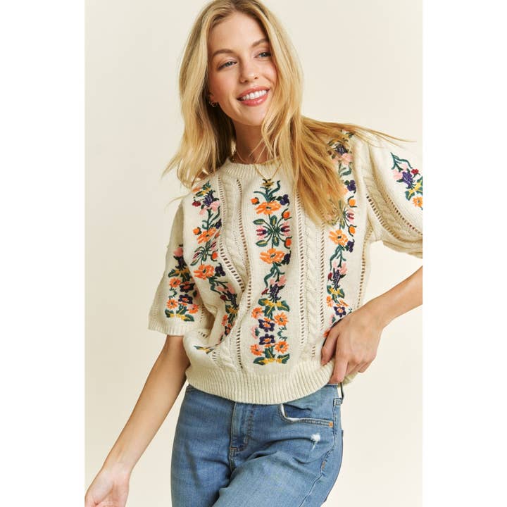 Sweet Generis - Wholesale Knit Sweater - Women's - CUTE FLORAL EMBROIDERY CASUAL PULLOVER SWEATER
