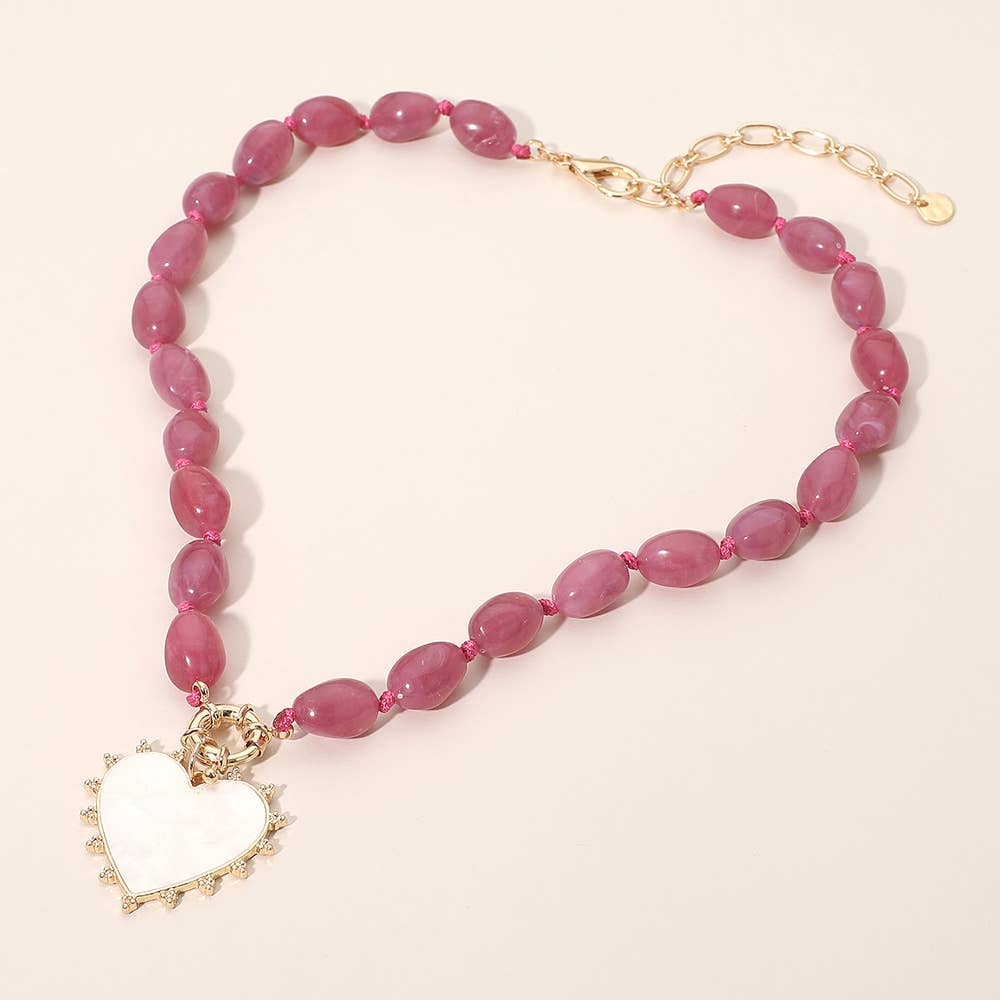 Sensibling Corp. – wholesale Pendant/charm necklace – Mother of Pearl Heart Pendant Marbled Resin Oval Beaded Necklace6