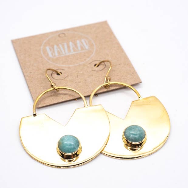 Brass Amazonite Shield Earrings for wholesale by Baizaar