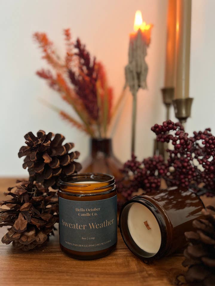 Sweater Weather - 8oz Soy Wood Wick Candle for wholesale by Hello October Candle Co.