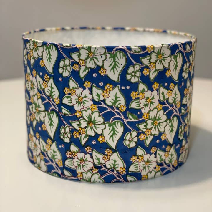 Olive and Limpet - Wholesale Lamp Shade - 10 inch Drum Lampshade. Indian Hand Block Print. Cobalt, Banana Yellow, and Ivory Floral.