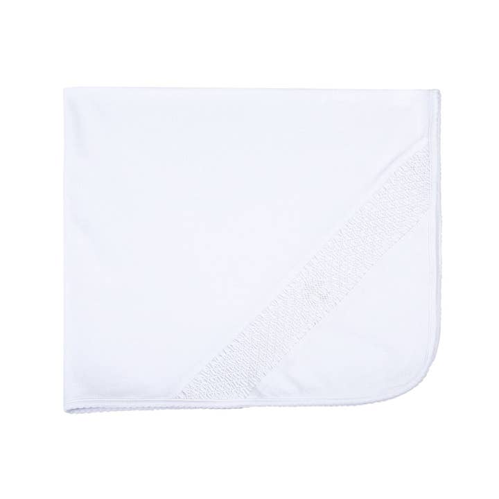 Blessed Smocked Receiving Blanket - White for wholesale by Magnolia Baby