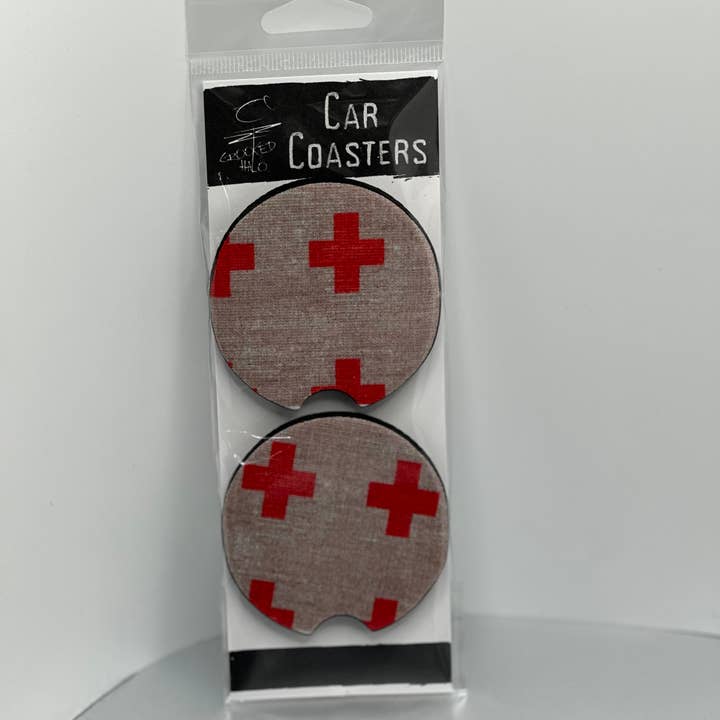 Red Cross Set of 2 Neoprene Coasters for wholesale by Crooked Halo