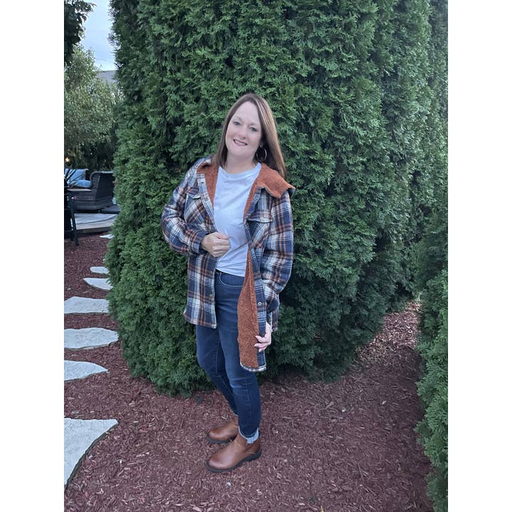 Plaid Sherpa Lined Hooded Shacket for wholesale by Anita Marie Apparel