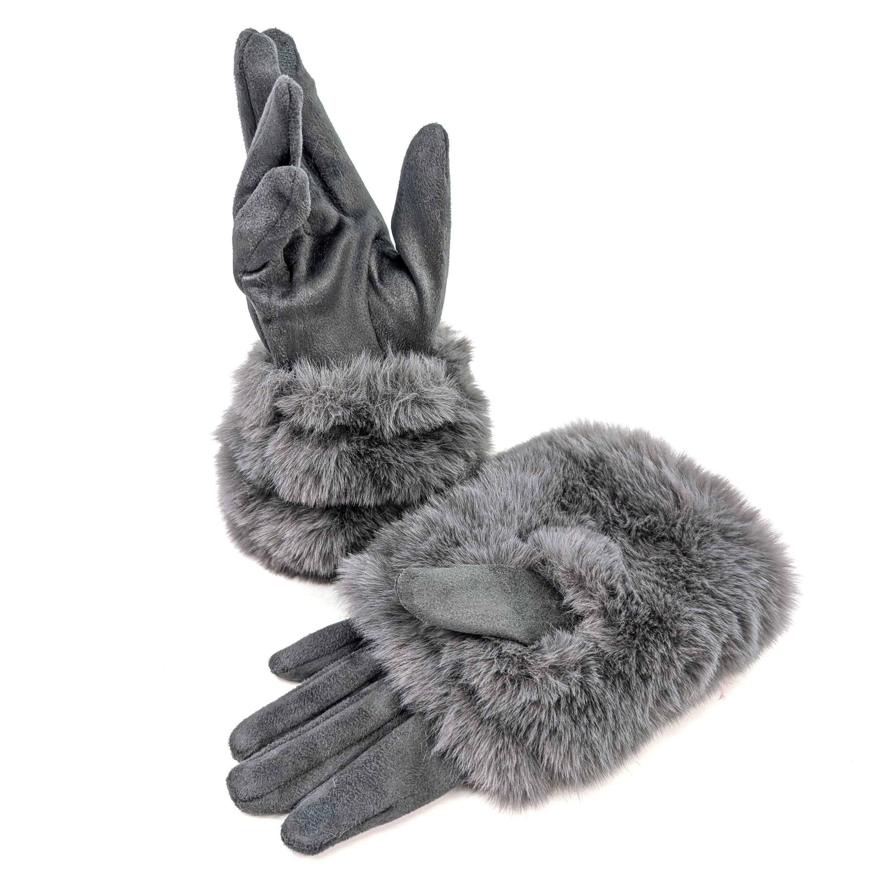 Black Ginger – wholesale Gloves – Women's – Super Fluffy Faux Fur Two in One Gloves - Dark Grey0