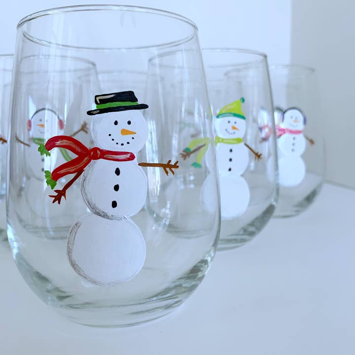 Snowmen Stemless White Wine Glasses for wholesale by ArtSea Creations