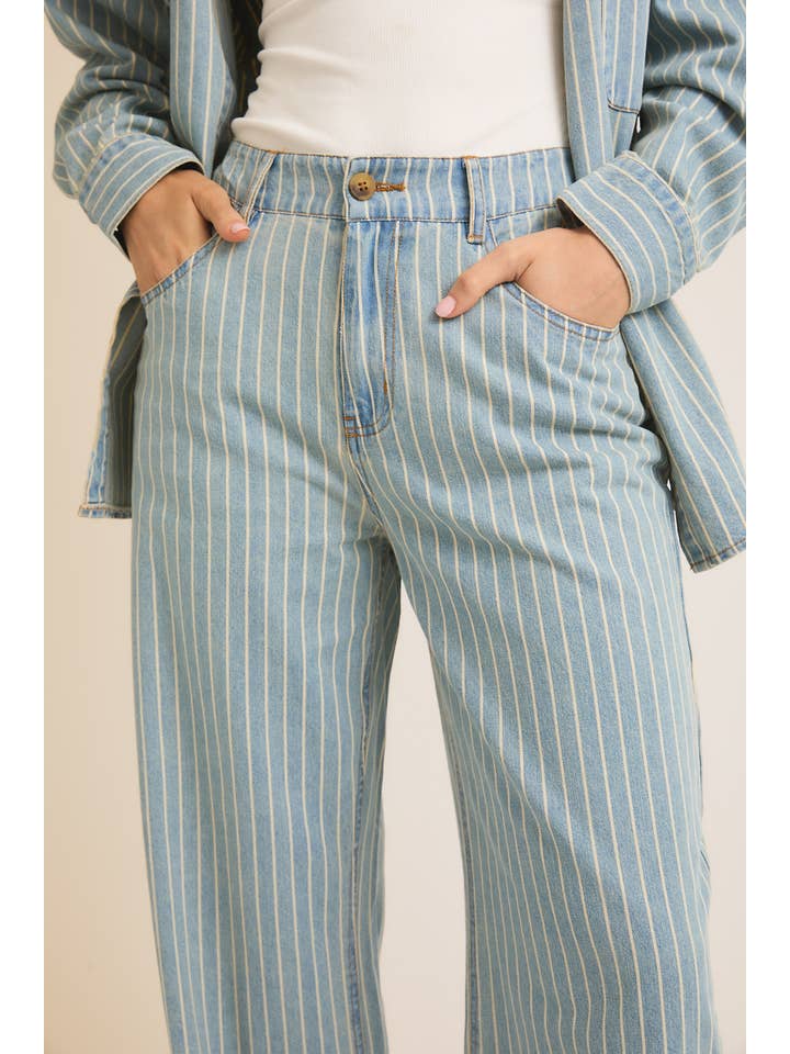 FLAP OPENING WIDE LEG STRIPE DENIM PANTS for wholesale on Faire