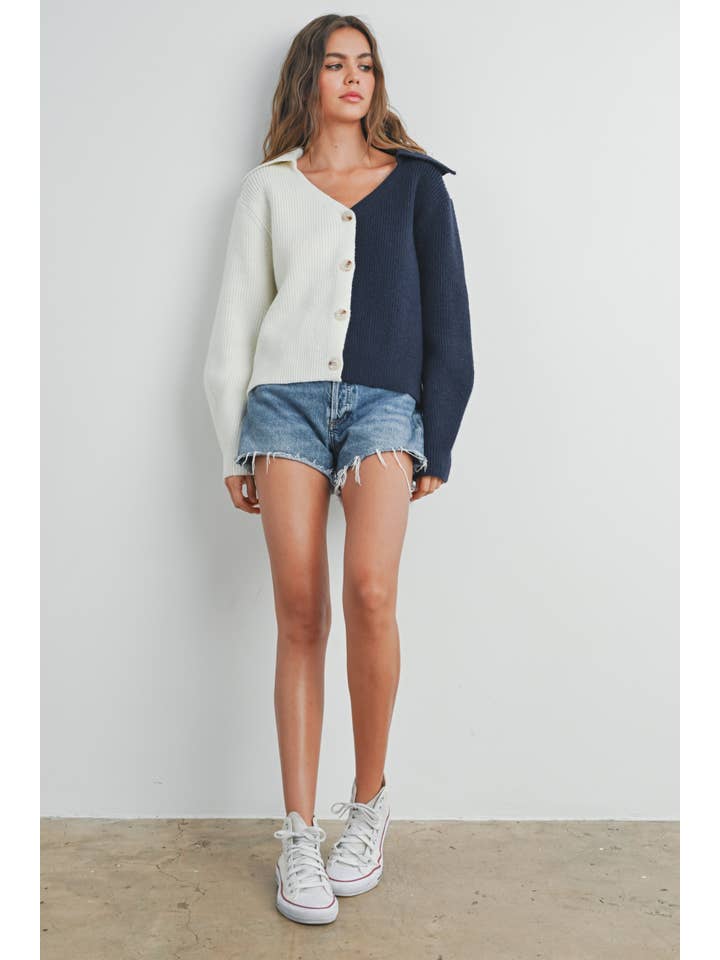 IVORY NAVY Two Tone V-Neck Cardigan - BMW7390 for wholesale on Faire11