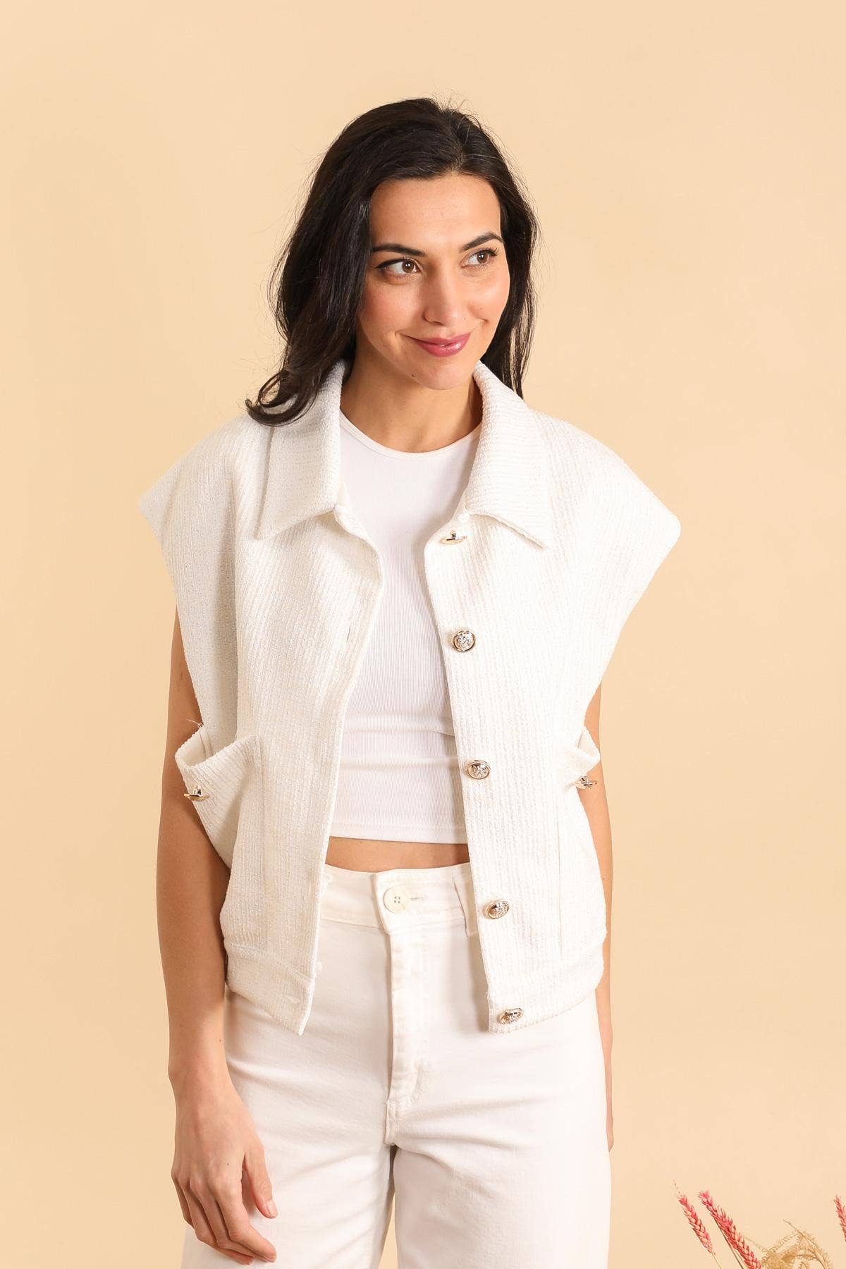 Attrait Paris – Blusão - Mulher por atacado – Casaco sem mangas de tweed com botões dourados10