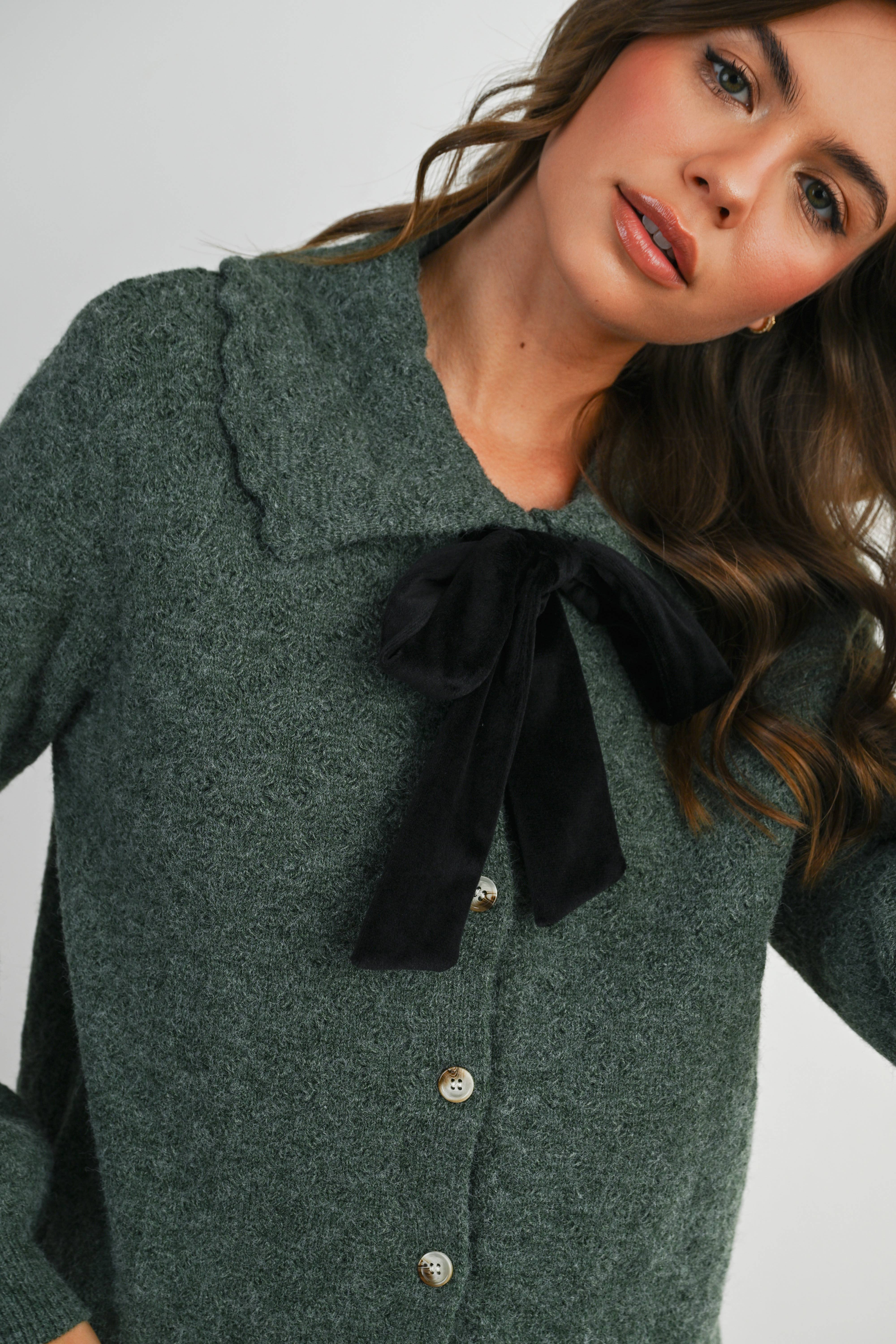 BUTTERMELON - Wholesale Cardigan - Women's - Button-Up Bow Front Collared Long Sleeve Top - BMC777616