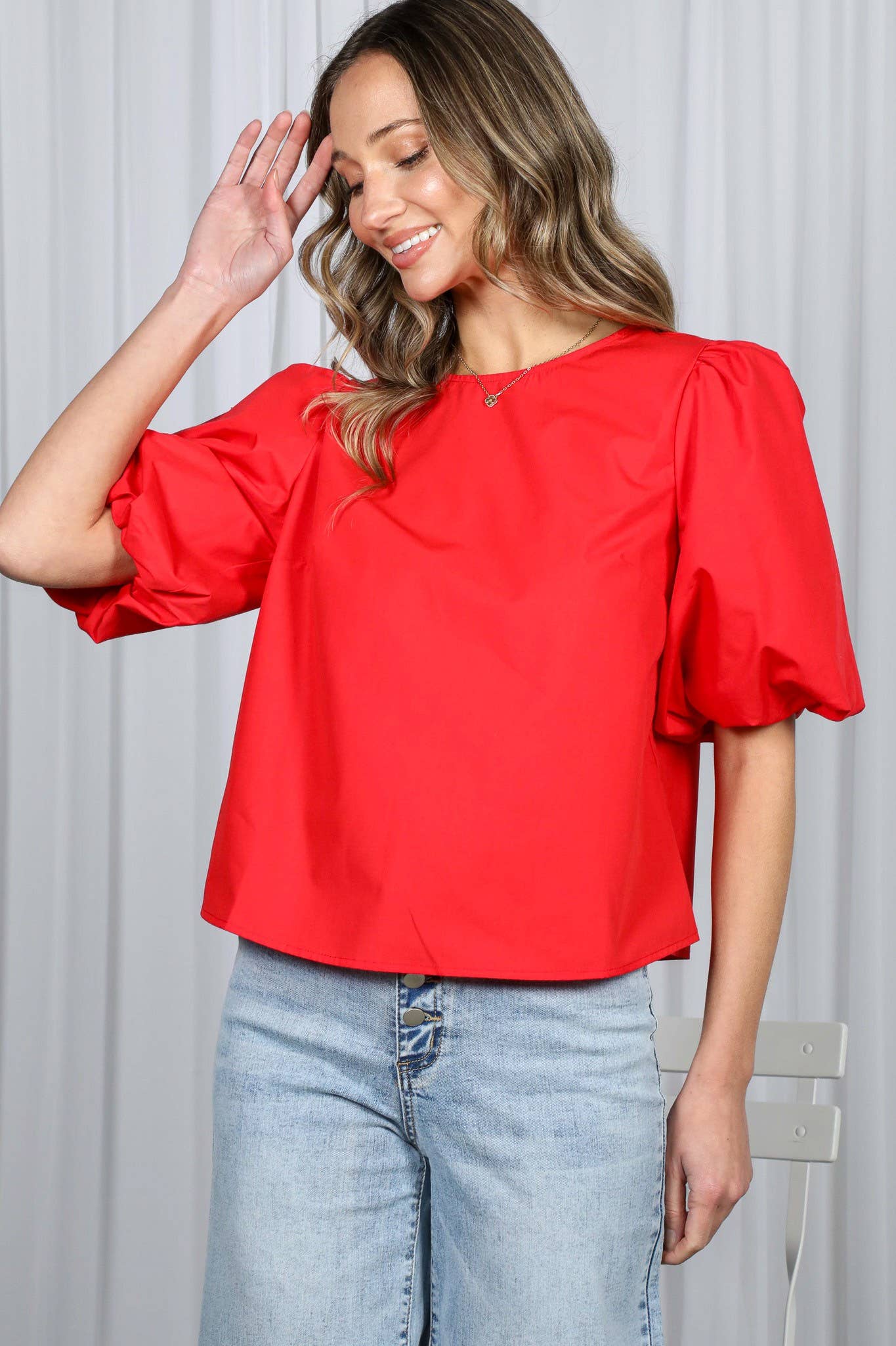 Vine & Love - Wholesale Blouse - Women's - Bubble Sleeve V-Back 2 Bow Detail Blouse Top VT826213