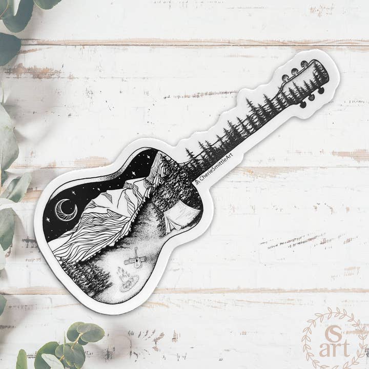 Camp Acoustic Guitar Sticker for wholesale by CherieSmittleArt