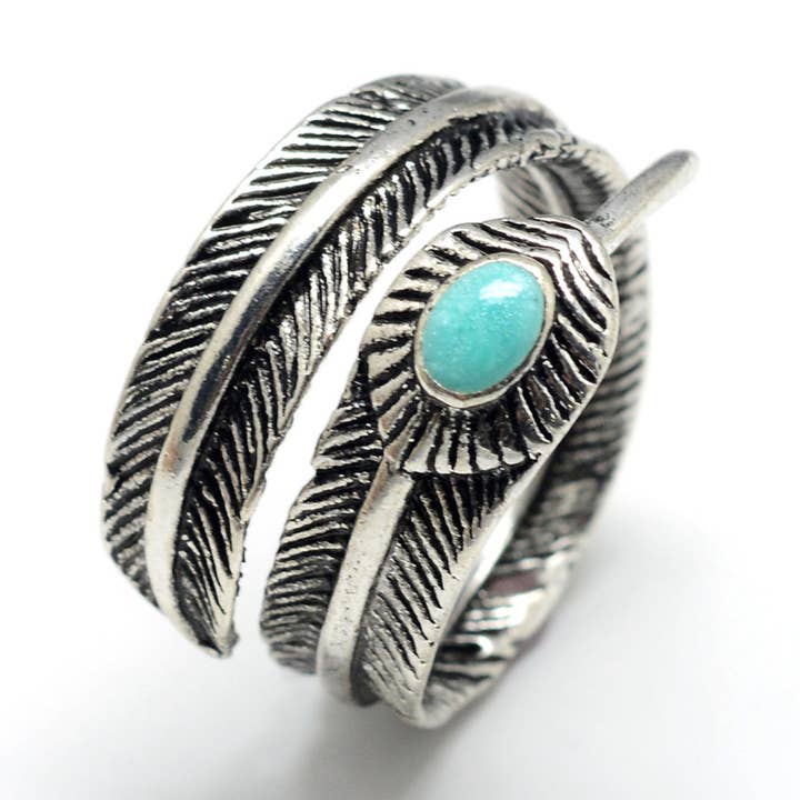 Blue and Silvertone Boho Feather Bypass Ring for wholesale by BESHEEK JEWELRY