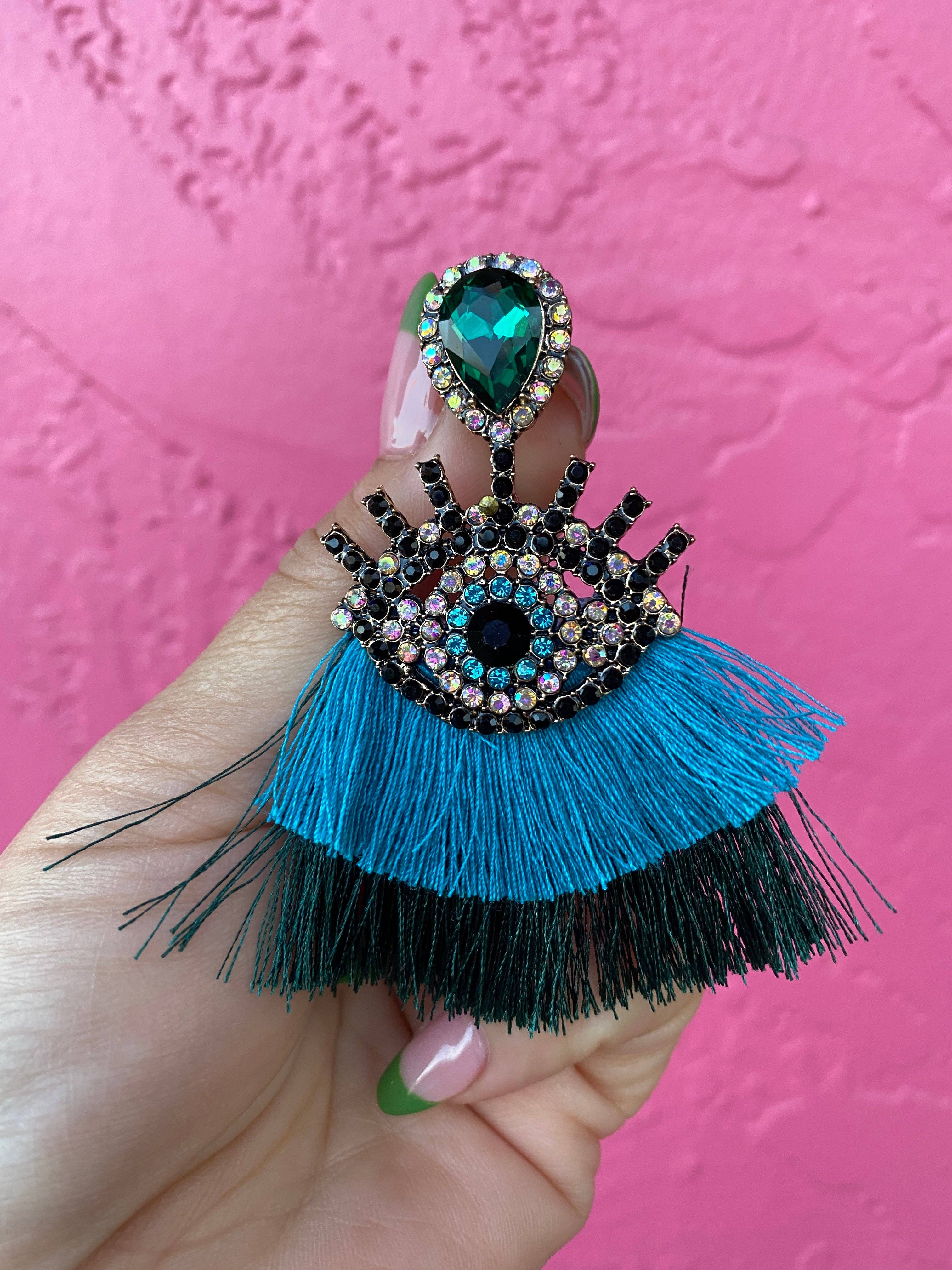Very That - Wholesale  - Mal Ojo Teal Tassel Gem Earrings1