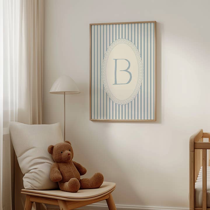Blue Stripe Initial Wall Art | Letter 'B' Monogram Print for wholesale by Paperly Creative Co