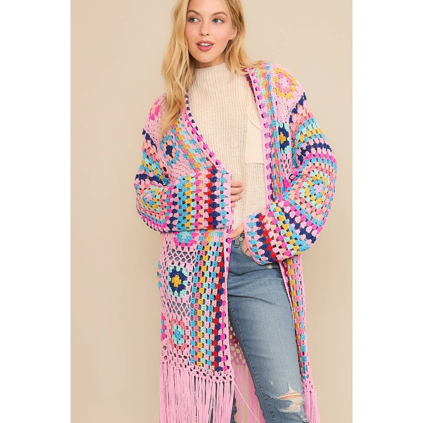 Sweet Generis - Wholesale Cardigan - Women's - COLORFUL CROCHET FRINGE CARDIGAN DUSTER6
