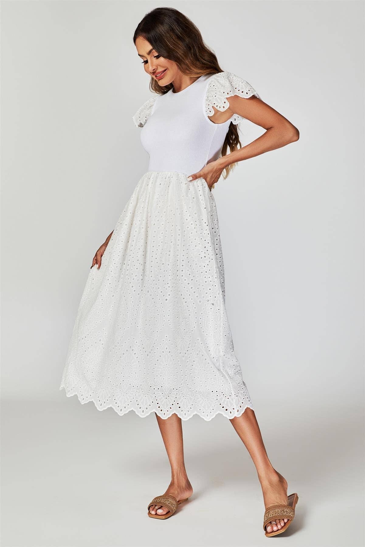 Jersey Broderie Midi Dress In White for wholesale on Faire3