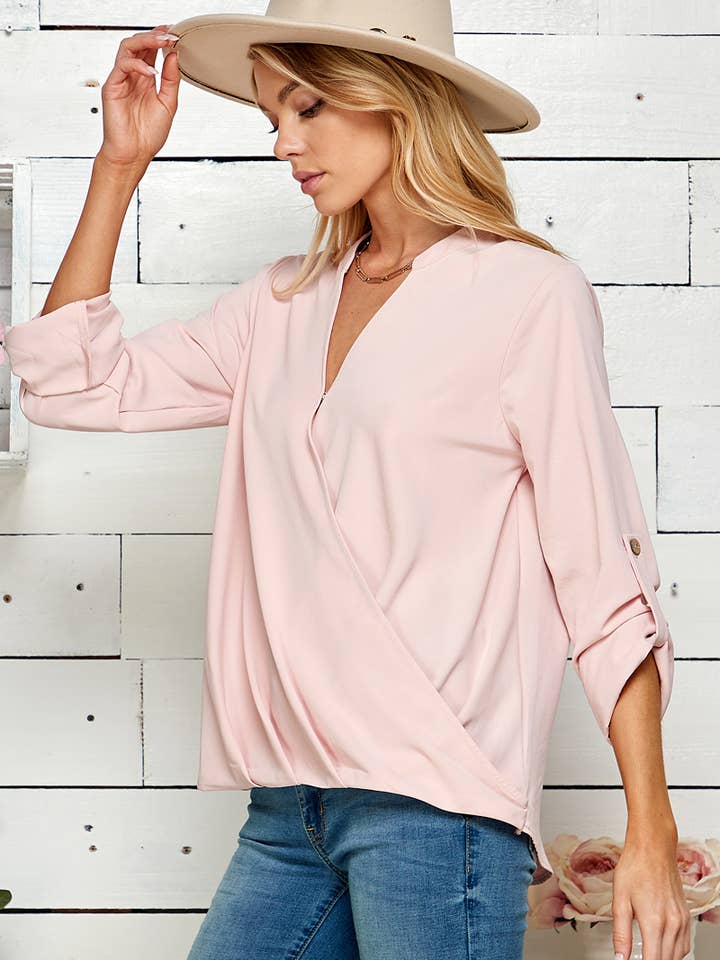 CORAL SP4732T-24156 - WOMEN FAUX WRAP BAND COLLAR BLOUSE for wholesale on Faire13