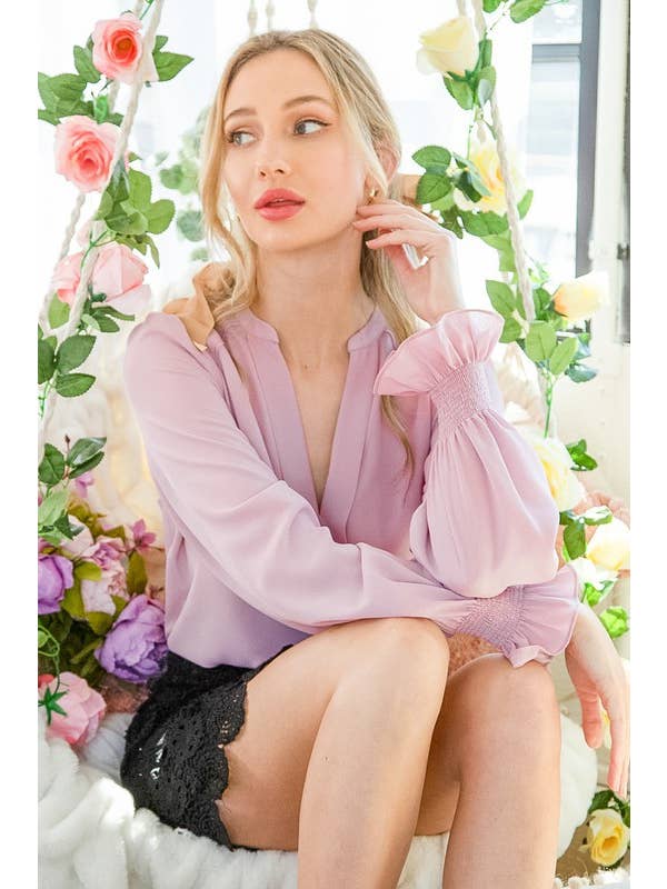 Vine & Love - Vente Chemisier – femme - Blouse smockée à encolure Henley et manches ballon VT31377D3