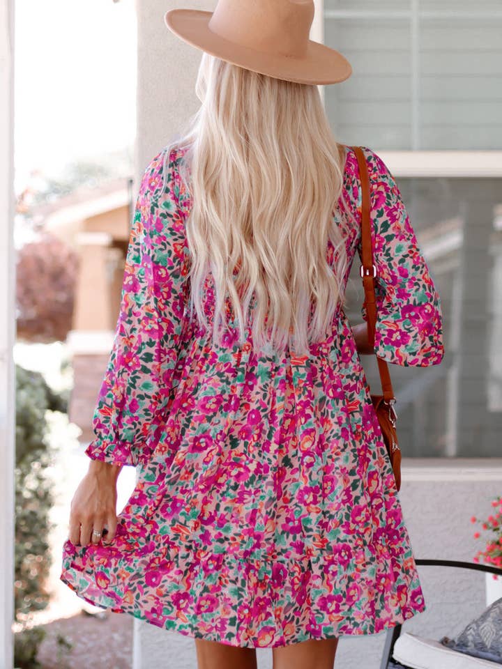 Purple Mikaela Smocked V Neck Puffy Sleeve Floral Dress for wholesale on Faire