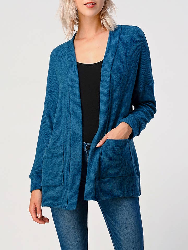 Long Sleeve Open Front Brushed Rib Knit Cardigan, J492 for wholesale by Heimious