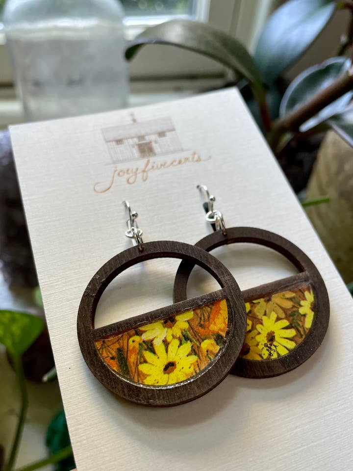 Natural Dark Wood Earrings - spring daisies, yellow orange for wholesale by joeyfivecents