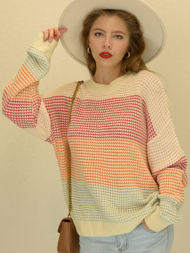 T2306JYYS24470- Color Block Loose Long sleeves Knitted Top for wholesale by ESLEY