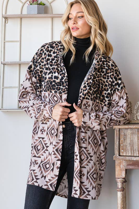 BROWN TAUPE EJ6720-15 AZTEC AND ANIMAL LEOPARD BUTTON DOWN SHACKET for wholesale on Faire2