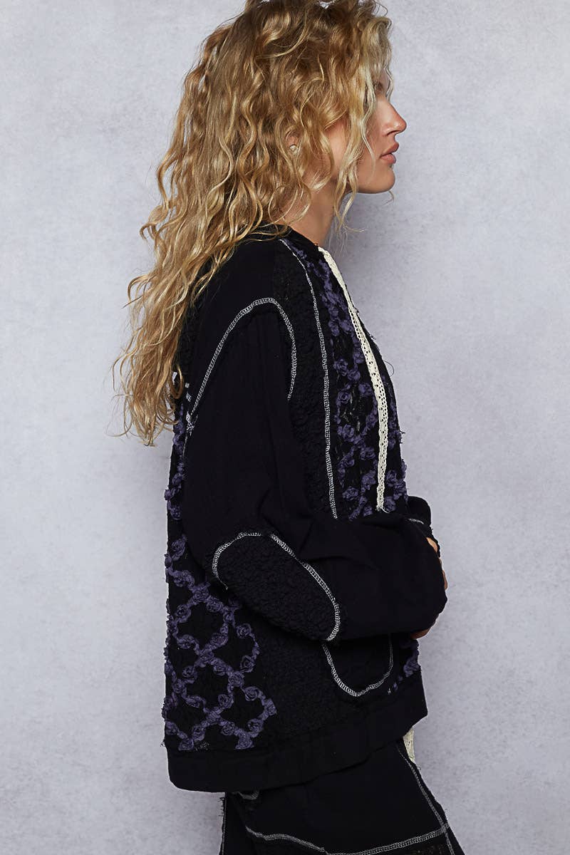 Pol Clothing - Wholesale Jacket - Women's - Balloon Sleeves Lace Solid Knit Hoodie Jacket SALE3