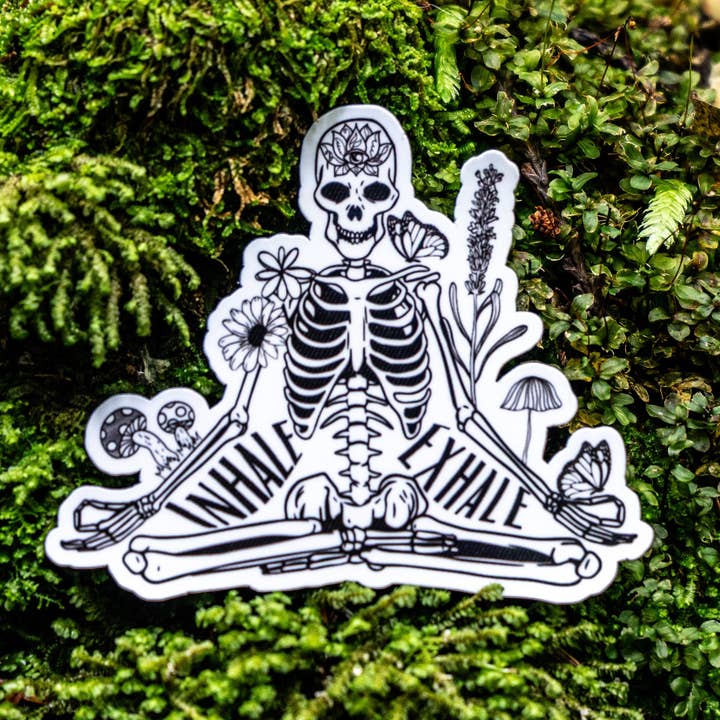Mindful over Mind Full - Wholesale Sticker - Meditating Skeleton Sticker | Yoga Sticker