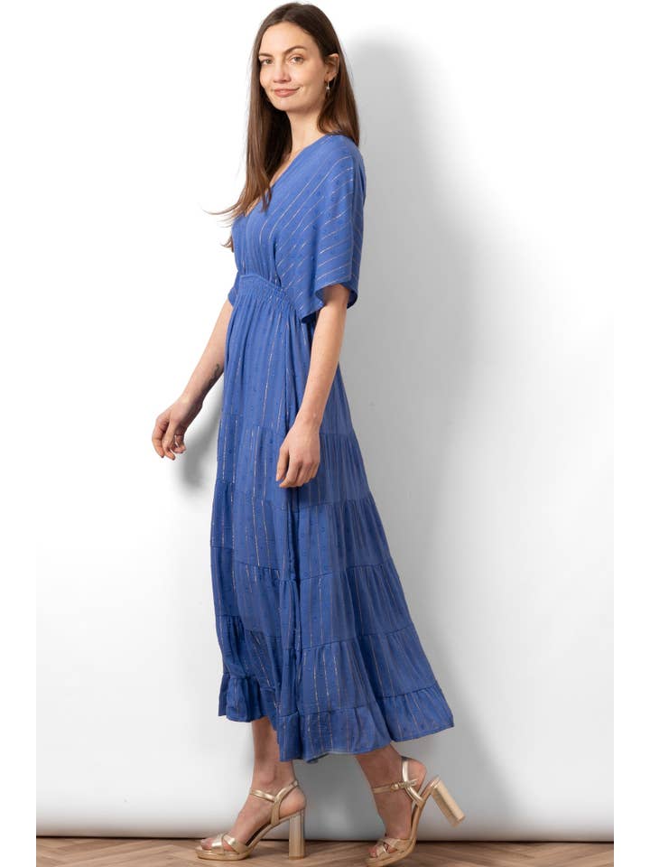 Sarta – wholesale Dress – Women's – Sienna Maxi Kaftan Dress - Royal Blue, Metallic Stripe