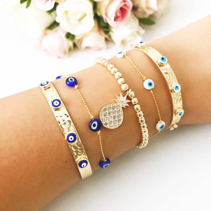 Evileyefavor – wholesale Smycken – Guld onda ögat armband Set, ARMRING armband, Tiny Evil Eye pärla armband