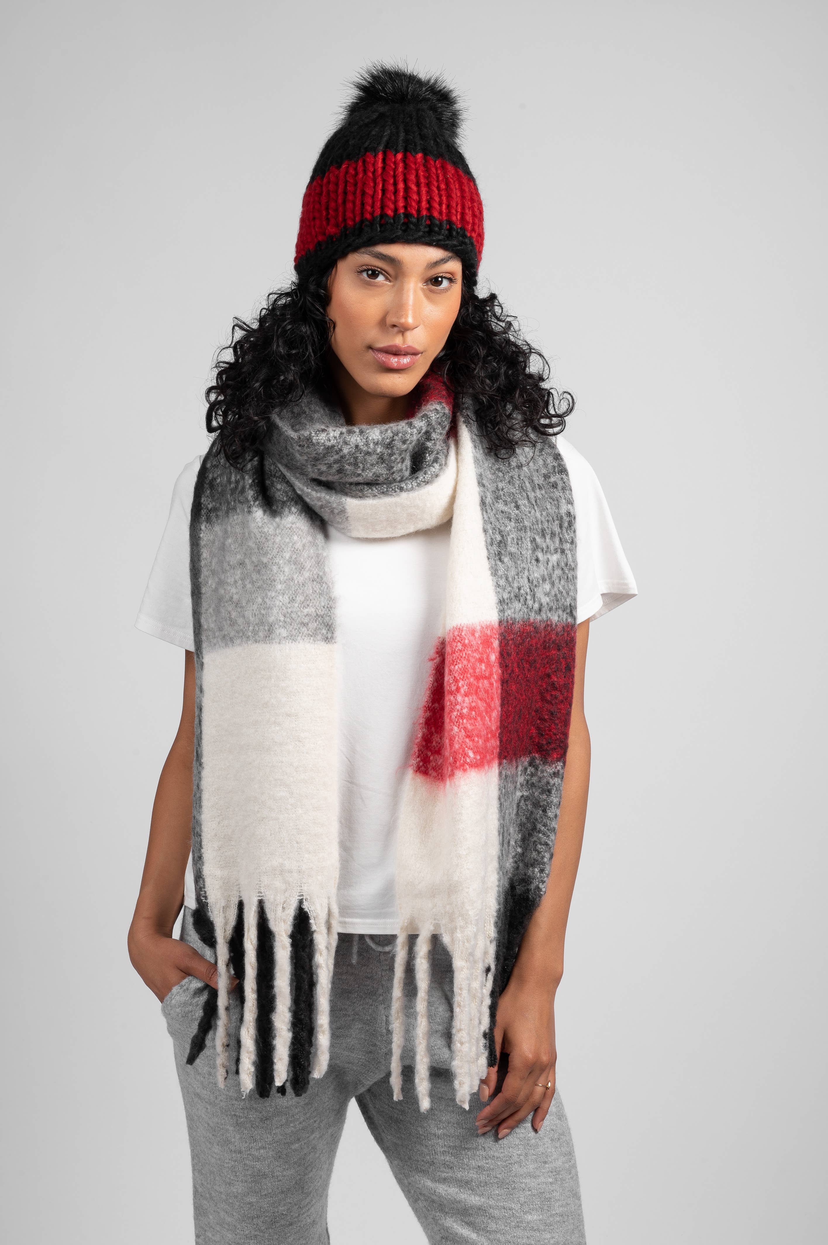 Black Sesame SCARF - LARGE RECTANGLE - BLACK/RED PLAID for wholesale on Faire1