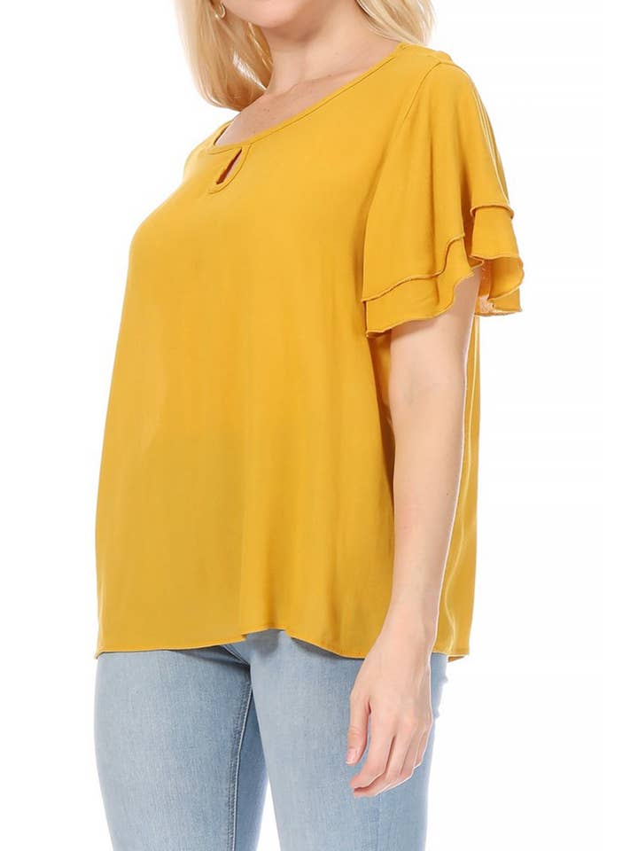 MOA COLLECTION - Wholesale Blouse - Women's - Casual Solid Flowy Short Flutter Sleeve Key Hole Blouse17