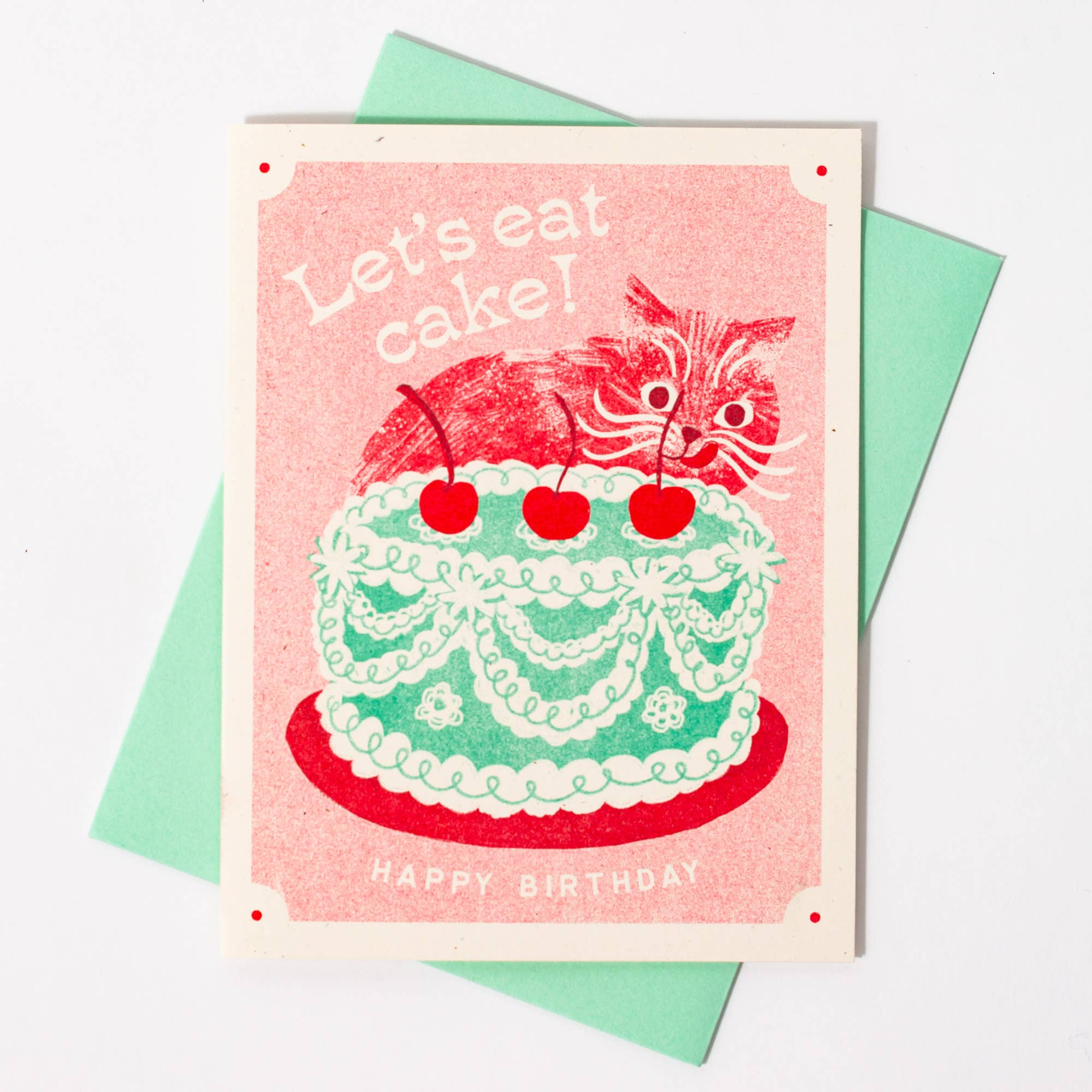 Bromstad Printing Co. - Wholesale Birthday Card - Let's Eat Cake Cat - Risograph Birthday Card2