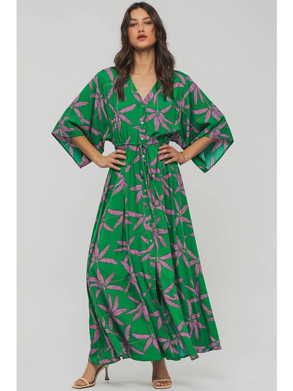 Urban Daizy - Wholesale Dress - Women's - Romantic Palm Print V Neck Tie Waist Maxi Dress