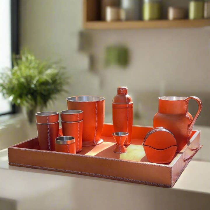 Bati Goods - Wholesale Decorative Tray - Grande | 23" Leather Ottoman Tray w/ Embroidered Handles3