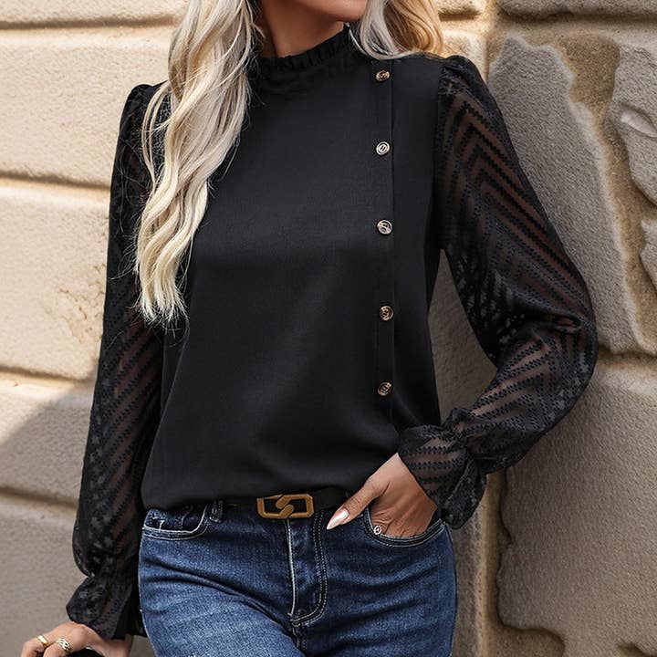 Black Button Trim Splicing Pullover Long Sleeve Commuter Shirt for wholesale on Faire