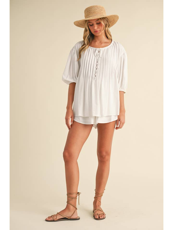 Klesis - Wholesale Top & Short Set (NOT Loungewear) - Women's - IST5779-B PIN TUCK BALLOON SLEEVE TUNIC TOP AND SHORTS SET