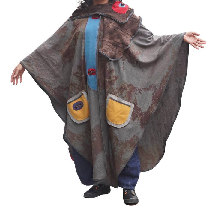Hand-Dyed Full Length Grey and Beige Cotton Cape with Leather and Boiled Wool Detail by Pepin Designs for wholesale by sariKNOTsari