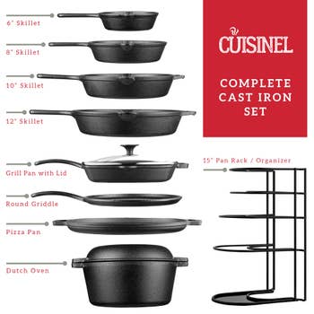 Cuisinel 10 inch and 12 inch Pre Seasoned Round Cast Iron Skillet Set with Lids