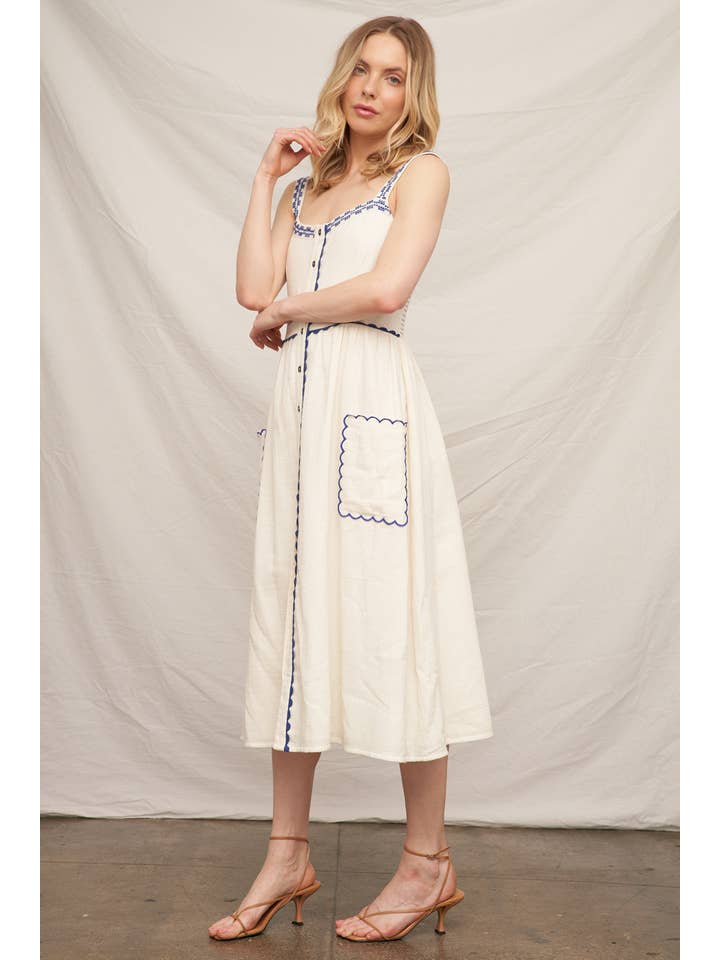 Ivory Blue Button Down Embroidery Midi Dress for wholesale on Faire