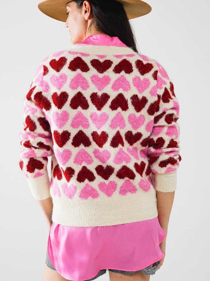 Cozy White Sweater With Pink Hearts for wholesale on Faire