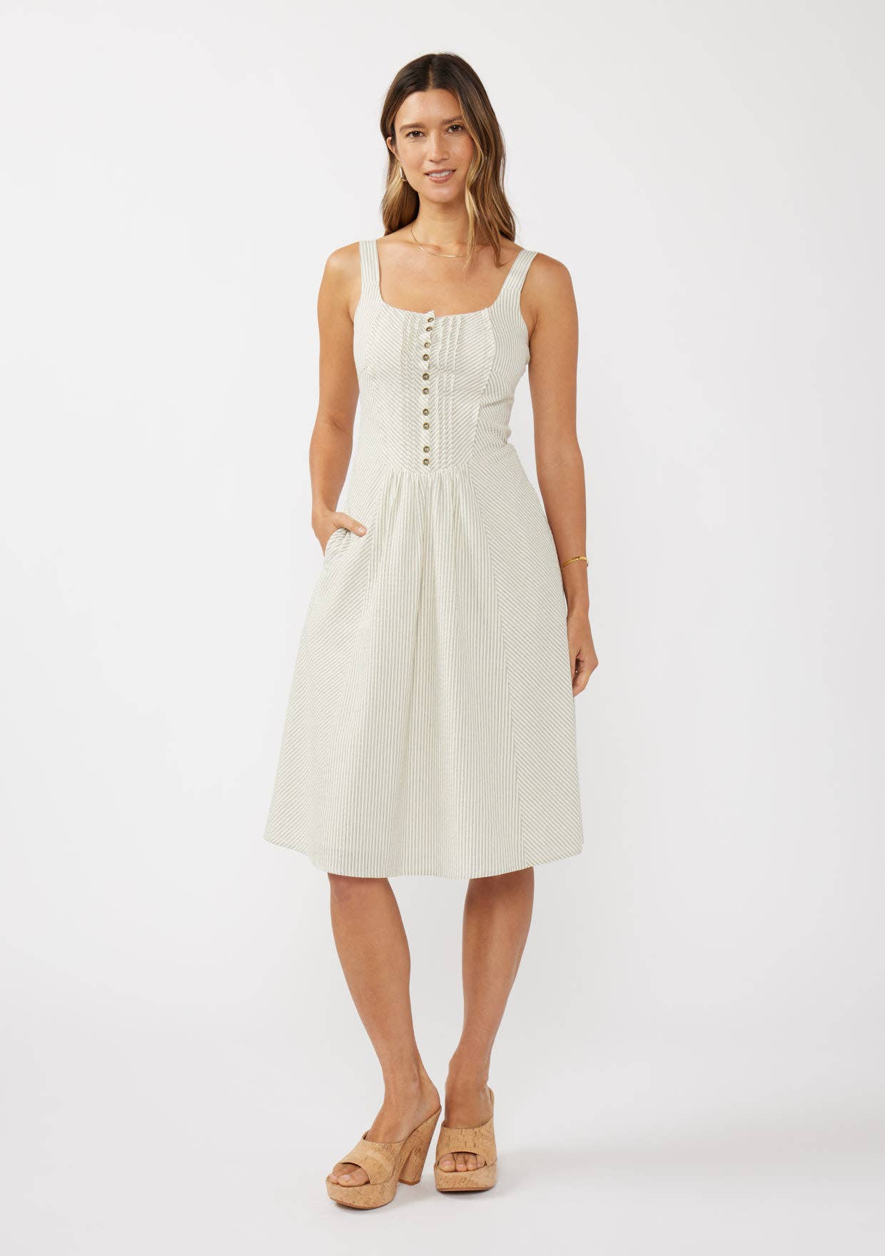Ivory Grey Round Neck Button-Down Corset Midi Dress for wholesale on Faire0