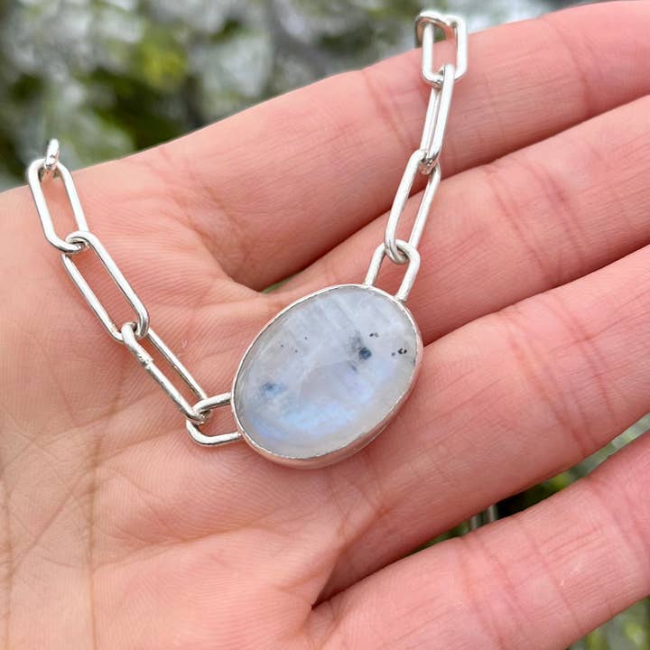 Laura Mar Jewelry - Wholesale Pendant/Charm Necklace - moonstone layering necklace in curb or paperclip sterling silver chain8