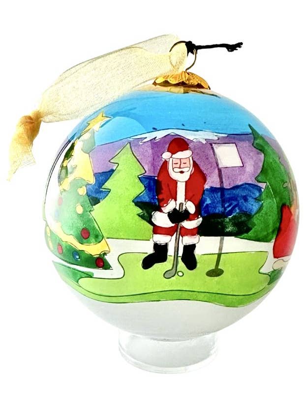 Hand-Painted Glass Ornament - Santa Golfing for wholesale by Kitty Keller Designs